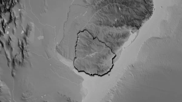 グレースケールの地図上のウルグアイ国境地域の閉鎖 資本ポイント 国の形の縁が隠されている — ストック写真