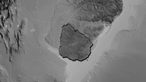 グレースケールの地図上に暗いオーバーレイで強調ウルグアイ国境地域のクローズアップ 資本ポイント 国の形の縁が隠されている — ストック写真