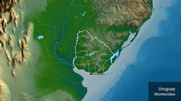 Fiziksel haritada Uruguay sınır bölgesinin ve bölgesel sınırlarının yakınlaştırılması. Ana nokta. Ülke çapında bir taslak oluşturun. Ülkenin ve başkentinin İngilizce adı