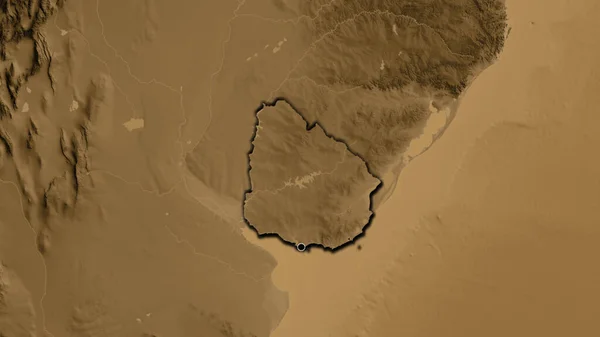 在一张黑色高地地图上对乌拉圭边境地区进行的密切监视 资本点 国家形状的斜边 — 图库照片