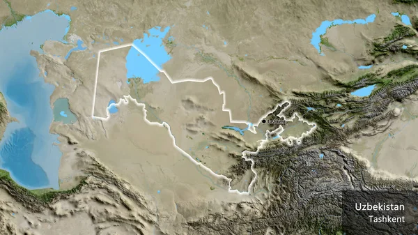 在卫星地图上对乌兹别克斯坦边境地区进行了近距离调查 资本点 风靡全国各地 国家及其首都的英文名称 — 图库照片