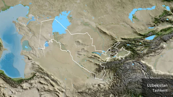 在卫星地图上对乌兹别克斯坦边境地区进行了近距离调查 资本点 概略地描述一下国家的面貌 国家及其首都的英文名称 — 图库照片
