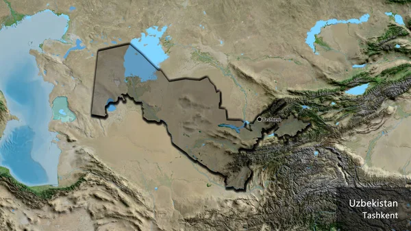 Close-up of the Uzbekistan border area highlighting with a dark overlay on a satellite map. Capital point. Bevelled edges of the country shape. English name of the country and its capital