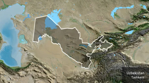 Närbild Uzbekistans Gränsområde Med Mörk Överlagring Satellitkarta Huvudpunkt Glow Runt — Stockfoto