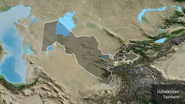 衛星地図上の暗いオーバーレイで強調ウズベキスタン国境地域のクローズアップ 資本ポイント 国の形の周りの概要 英名国とその首都 — ストック写真