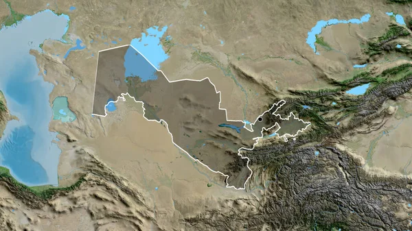 衛星地図上の暗いオーバーレイで強調ウズベキスタン国境地域のクローズアップ 資本ポイント 全国の概要 — ストック写真