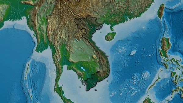 物理的な地図上の暗いオーバーレイで強調ベトナム国境地域のクローズアップ 資本ポイント 国の形の縁が隠されている — ストック写真