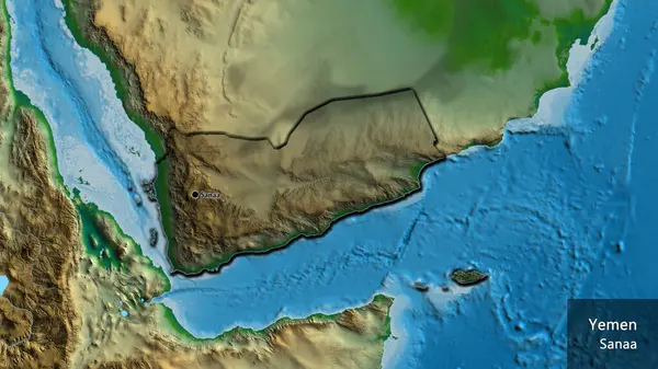 イエメンの国境地帯のクローズアップは 物理的な地図上の暗いオーバーレイで強調しています 資本ポイント 国の形の縁が隠されています 英名国とその首都 — ストック写真