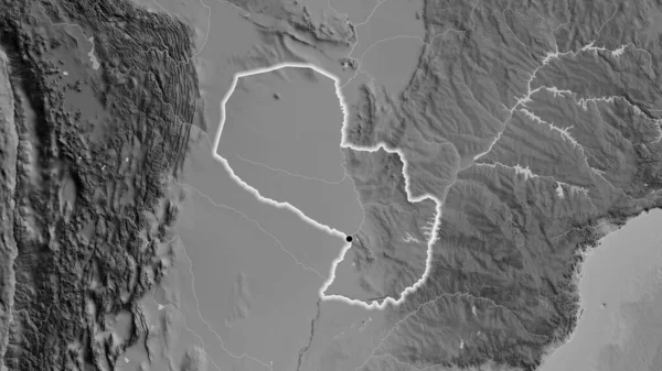 グレースケールの地図上のパラグアイ国境地域の閉鎖 資本ポイント 全国に光る — ストック写真