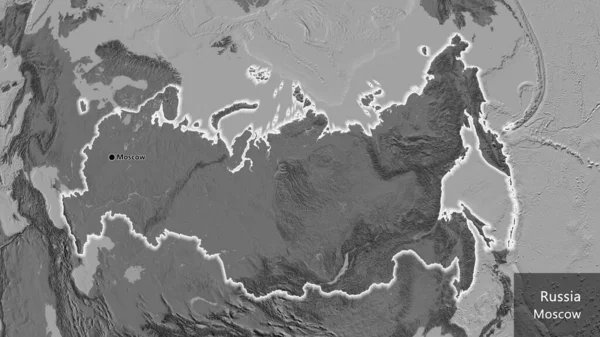 レベルマップ上のロシア国境地域の閉鎖 資本ポイント 国の形の周りに光る 英名国とその首都 — ストック写真