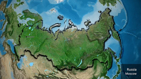 卫星地图上俄罗斯边境地区的特写 资本点 这个国家的边缘呈斜角状 国家及其首都的英文名称 — 图库照片