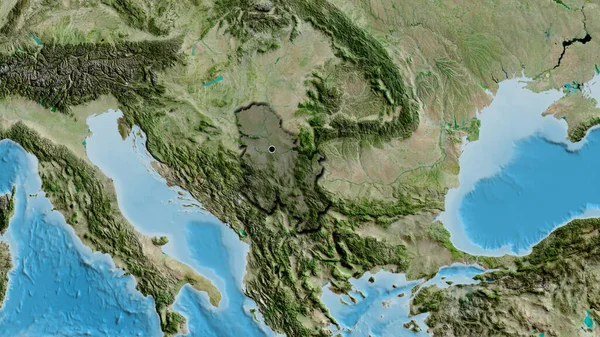 Närbild Serbiens Gränsområde Med Mörk Överlagring Satellitkarta Huvudpunkt Skalade Kanter — Stockfoto