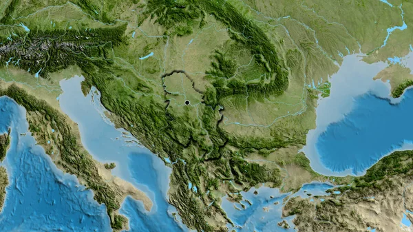 在卫星地图上对塞尔维亚边境地区进行了密切监视 资本点 国家形状的斜边 — 图库照片