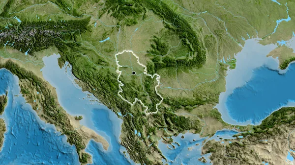 Primer Plano Zona Fronteriza Serbia Mapa Satelital Punto Capital Brillan — Foto de Stock