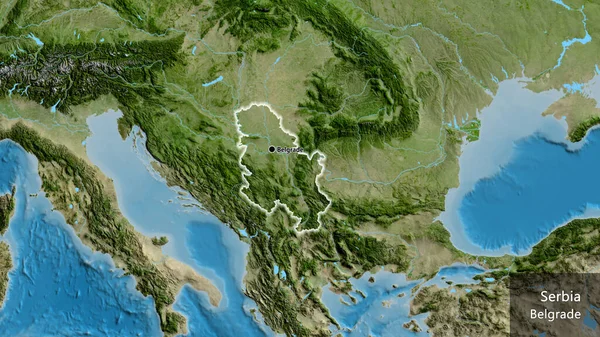Close Van Het Servische Grensgebied Een Satellietkaart Hoofdpunt Gloeien Rond — Stockfoto