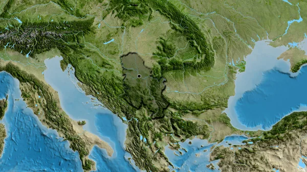 Close Serbia Border Area Highlighting Dark Overlay Satellite Map Capital — Stock Photo, Image
