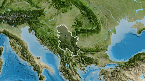 Närbild Serbiens Gränsområde Med Mörk Överlagring Satellitkarta Huvudpunkt Glow Runt — Stockfoto