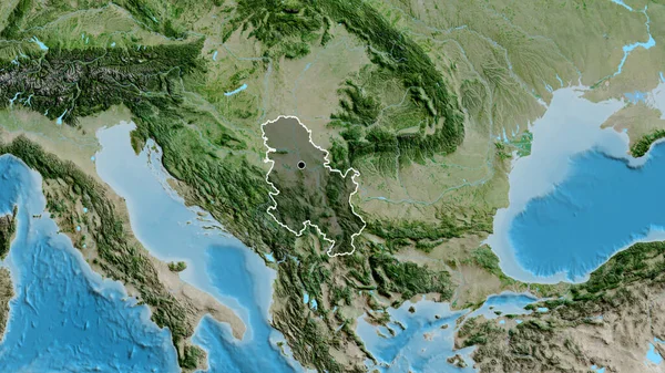 塞尔维亚边境地区的特写镜头 用卫星地图上的黑暗阴影突出显示 资本点 国家形貌概述 — 图库照片