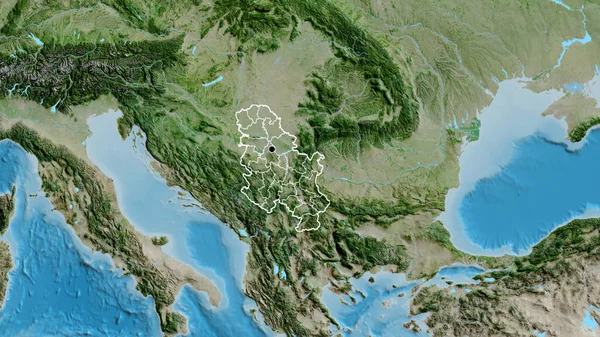 利用卫星地图对塞尔维亚边境地区及其区域边界进行密切监视 资本点 国家形貌概述 — 图库照片