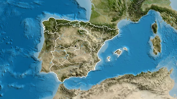 在卫星地图上对西班牙边境地区及其区域边界进行了密切监视 资本点 国家形貌概述 — 图库照片
