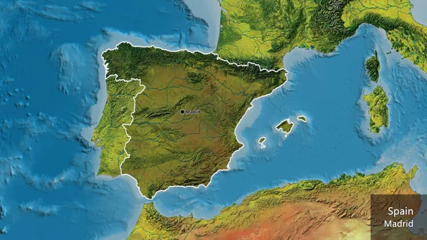 Close-up of the Spain border area highlighting with a dark overlay on a topographic map. Capital point. Outline around the country shape. English name of the country and its capital