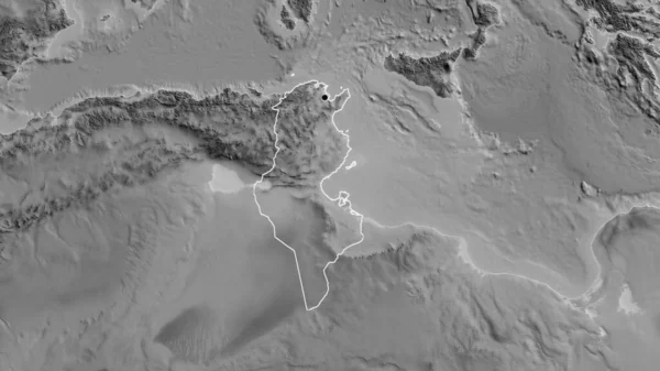 在一张灰色比例尺地图上对突尼斯边境地区进行的密切监视 资本点 国家形貌概述 — 图库照片