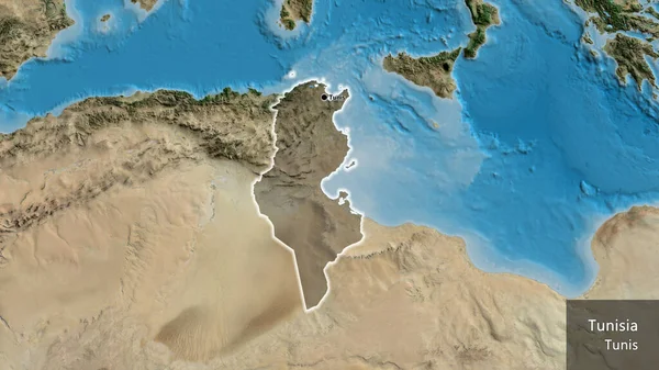 衛星地図上の暗いオーバーレイで強調チュニジア国境地域のクローズアップ 資本ポイント 国の形の周りに光る 英名国とその首都 — ストック写真