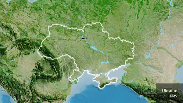 衛星地図上のウクライナ国境地域の閉鎖 資本ポイント 国の形の周りに光る 英名国とその首都 — ストック写真
