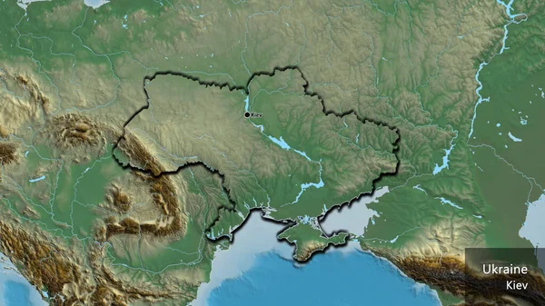 在一张解像图上对乌克兰边境地区进行的密切监视 资本点 这个国家的边缘呈斜角状 国家及其首都的英文名称 — 图库照片