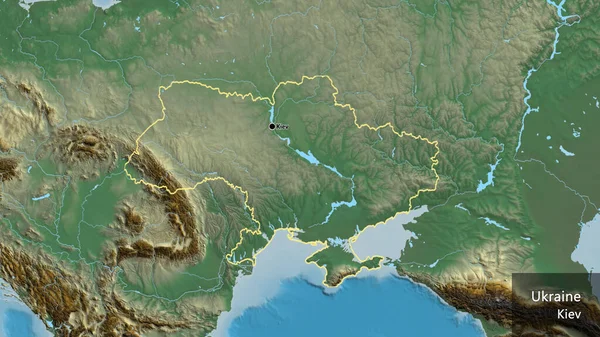 在一张解像图上对乌克兰边境地区进行的密切监视 资本点 概略地描述一下国家的面貌 国家及其首都的英文名称 — 图库照片