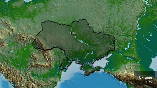 乌克兰边境地区的特写镜头 用一张地形图上的黑暗阴影突出显示出来 资本点 这个国家的边缘呈斜角状 国家及其首都的英文名称 — 图库照片