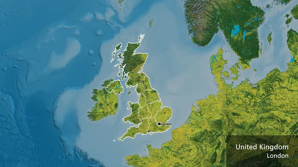 Bir topografik haritada Birleşik Krallık sınır bölgesi ve bölgesel sınırlarına yakın çekim. Ana nokta. Ülke çapında bir taslak oluşturun. Ülkenin ve başkentinin İngilizce adı