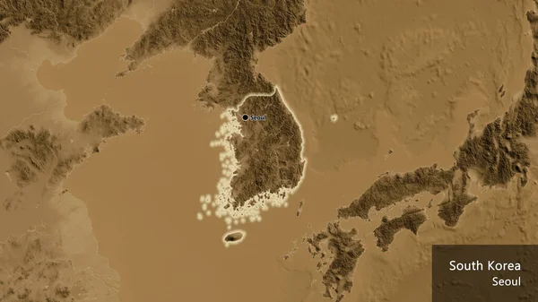 Close Área Fronteira Coreia Sul Mapa Elevação Sépia Ponto Capital — Fotografia de Stock
