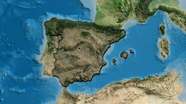 Close-up of the Spain border area highlighting with a dark overlay on a satellite map. Capital point. Bevelled edges of the country shape.