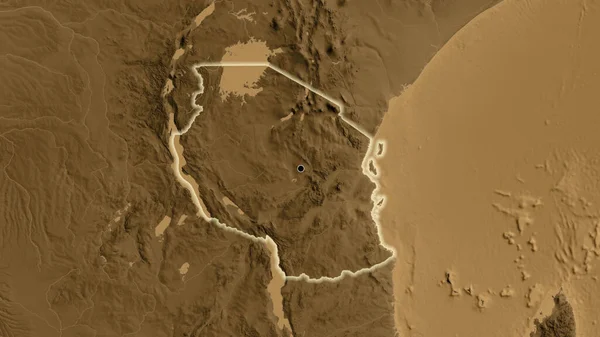 Detailní Záběr Pohraniční Oblasti Tanzanie Mapě Nadmořské Výšky Fakt Záře — Stock fotografie