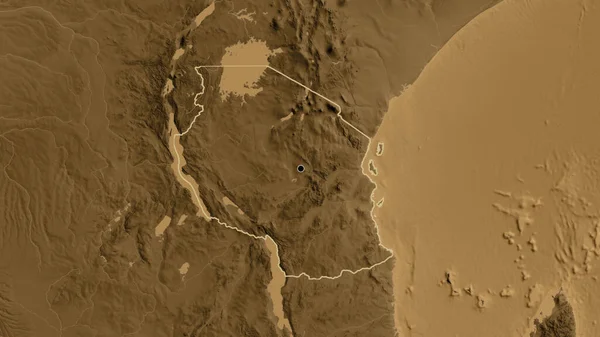 Nahaufnahme Des Grenzgebiets Tansania Auf Einer Sepia Karte Kapitalpunkt Umrisse — Stockfoto