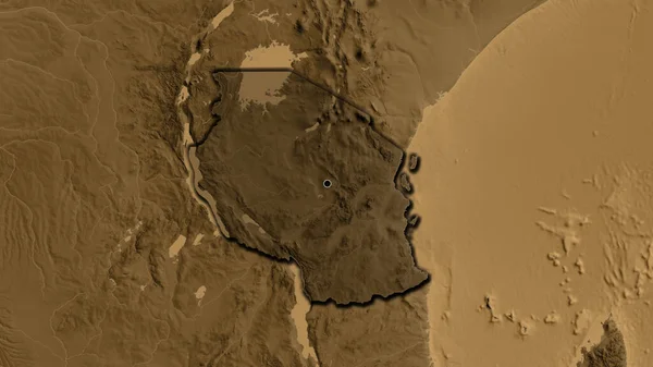 Tanzanya Sınır Bölgesinin Yakınından Sepia Yükseklik Haritasında Koyu Bir Örtüyle — Stok fotoğraf