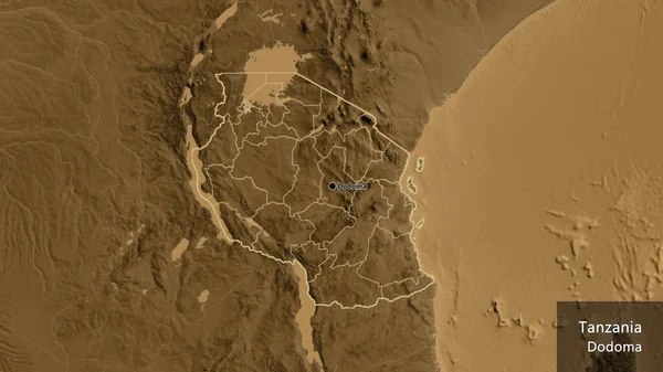 在黑色高地地图上密切监视坦桑尼亚边境地区及其区域边界 资本点 概略地描述一下国家的面貌 国家及其首都的英文名称 — 图库照片