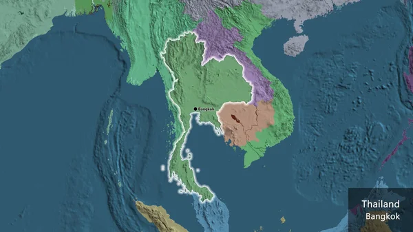 İdari bir haritada Tayland sınır bölgesinin yakın çekimleri. Ana nokta. Ülke çapında parıldıyor. Ülkenin ve başkentinin İngilizce adı