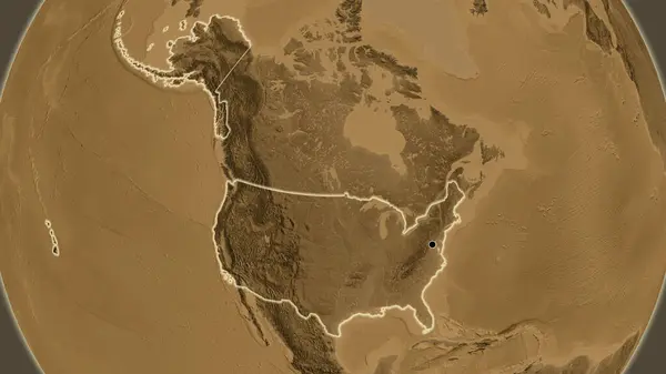 在一个黑色高地地图上对美利坚合众国边境地区的特写 资本点 风靡全国 — 图库照片