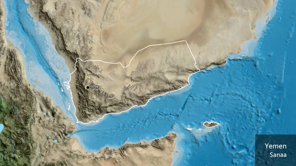 衛星地図上のイエメン国境地帯の閉鎖 資本ポイント 国の形の周りの概要 英名国とその首都 — ストック写真
