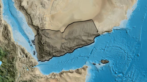 衛星地図上の暗いオーバーレイで強調イエメン国境地域のクローズアップ 資本ポイント 国の形の縁が隠されている — ストック写真