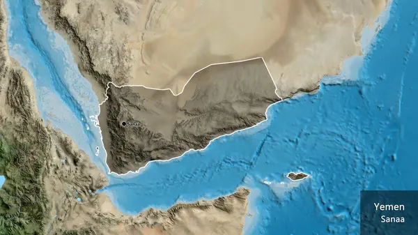 衛星地図上の暗いオーバーレイで強調イエメン国境地域のクローズアップ 資本ポイント 国の形の周りの概要 英名国とその首都 — ストック写真