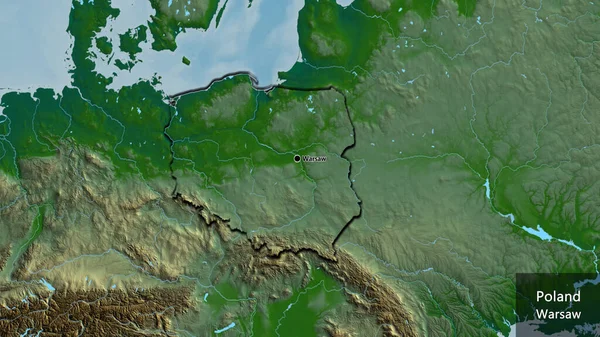 Close-up of the Poland border area on a physical map. Capital point. Bevelled edges of the country shape. English name of the country and its capital