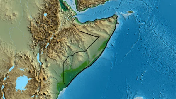 stock image Close-up of the Somalia border area on a physical map. Capital point. Bevelled edges of the country shape. 