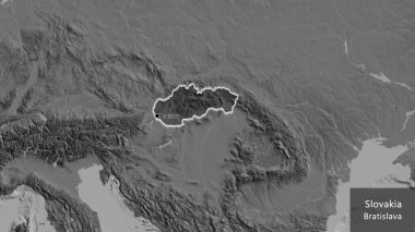 Slovakya sınır bölgesinin yakın çekimleri, bilek haritasında koyu bir örtüyle vurgulanıyor. Ana nokta. Ülke çapında parıldıyor. Ülkenin ve başkentinin İngilizce adı