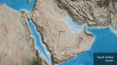 Suudi Arabistan sınırına bir uydu haritasında yakın plan. Ana nokta. Ülke çapında bir taslak oluşturun. Ülkenin ve başkentinin İngilizce adı