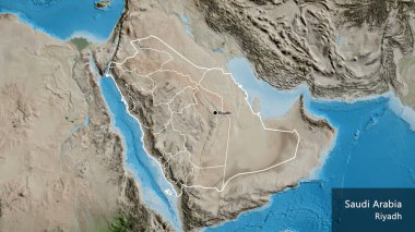 Suudi Arabistan sınırına ve bölgesel sınırlarına bir uydu haritasında yakın plan. Ana nokta. Ülke çapında bir taslak oluşturun. Ülkenin ve başkentinin İngilizce adı