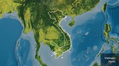 Bir topografik haritada Vietnam sınır bölgesinin yakın çekimleri. Ana nokta. Ülke çapında parıldıyor. Ülkenin ve başkentinin İngilizce adı