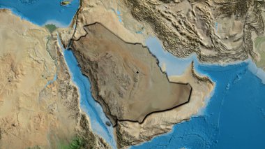 Suudi Arabistan sınır bölgesinin uydu haritasında koyu bir örtüyle işaretlenmiş yakın çekimi. Ana nokta. Ülkenin kıvrımlı kenarları. 